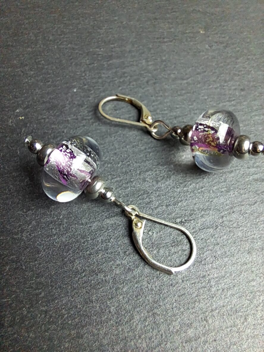 QUENTIN VALENTIN, BOUCLES D’OREILLES CRISTAL DE MURANO FEUILLE ARGENT 999 1000 ROSE ; 3
