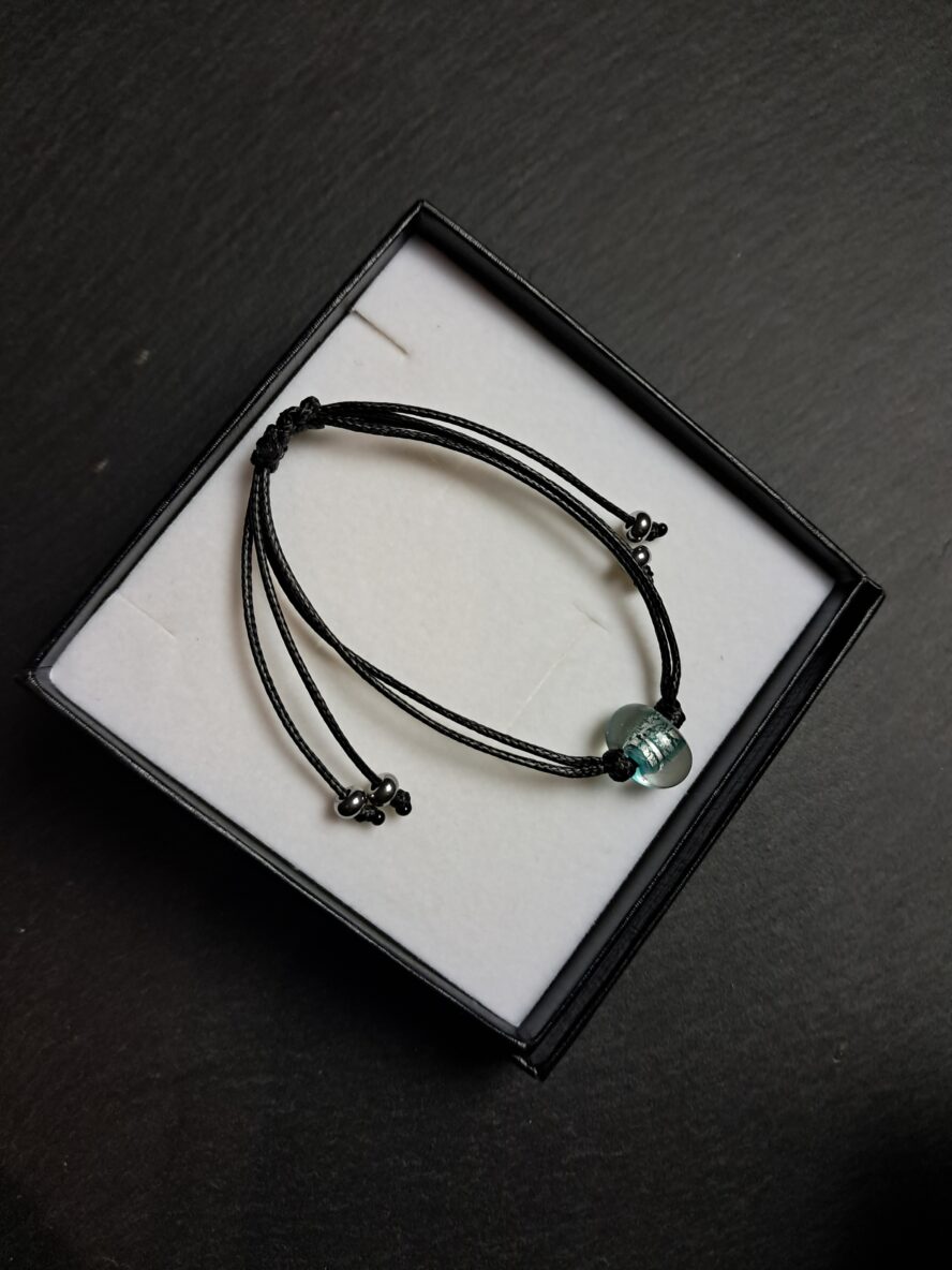 Eclats d’Argent, Bracelet, Bleu-Vert. - QUENTIN VALENTIN, BRACELET AJUSTABLE CRISTAL DE MURANO FEUILLE ARGENT 999 1000 BLEU VERT ; 4