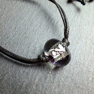 QUENTIN VALENTIN, BRACELET AJUSTABLE CRISTAL DE MURANO FEUILLE ARGENT 999 1000 NOIR ; 2