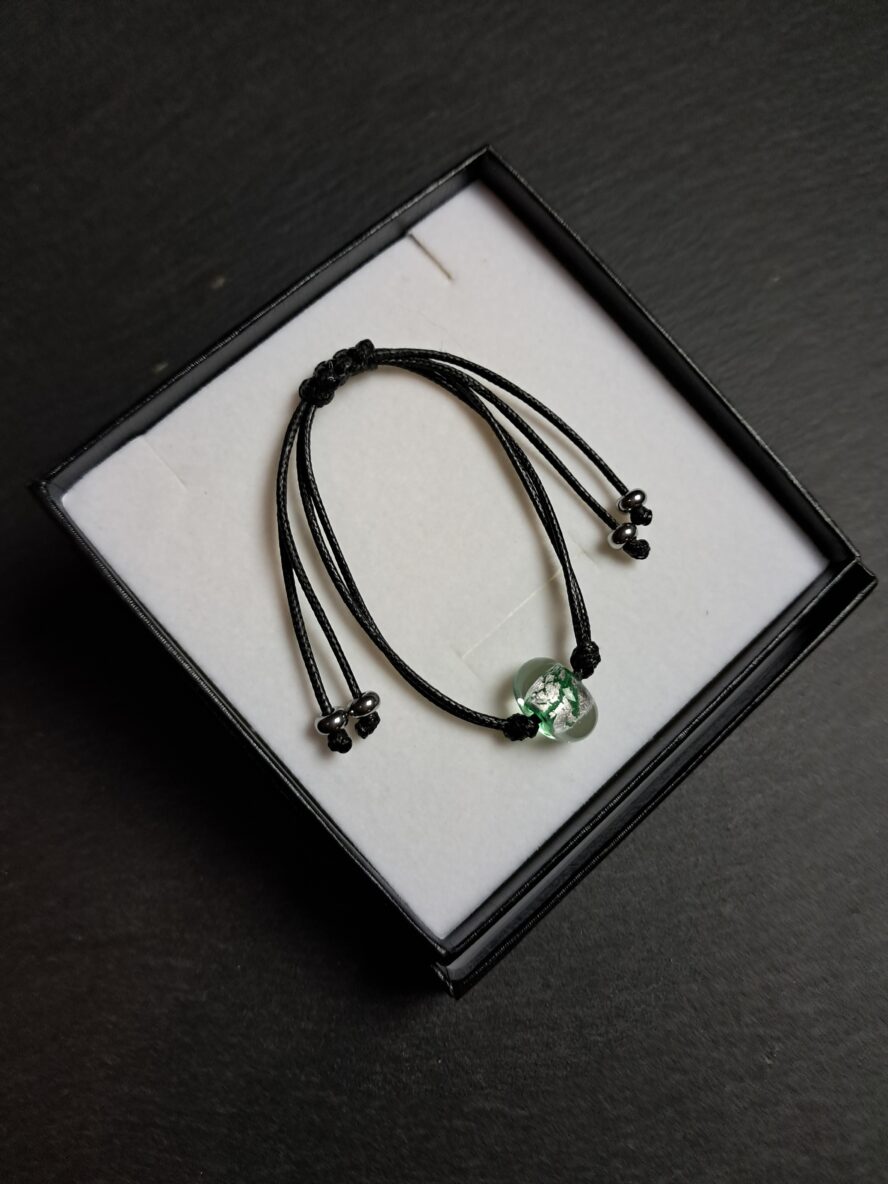 Eclats d’Argent, Bracelet, Vert Emeraude. - QUENTIN VALENTIN, BRACELET AJUSTABLE CRISTAL DE MURANO FEUILLE ARGENT 999 1000 VERT EMERAUDE ; 3