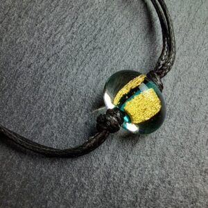 QUENTIN VALENTIN, BRACELET AJUSTABLE CRISTAL DE MURANO FEUILLE OR 24 CARATS BLEU VERT ; 1