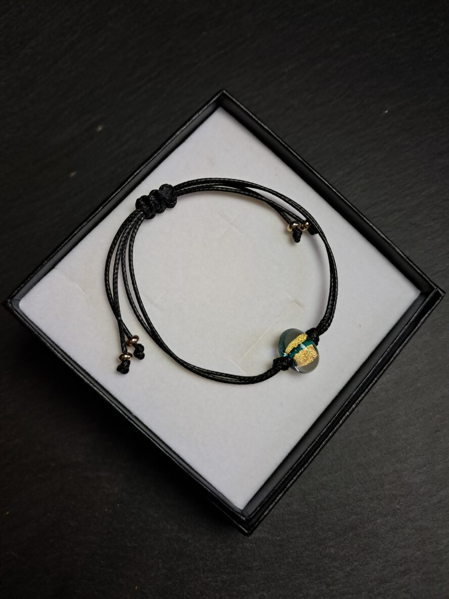 Lumière Dorée, Bracelet, Bleu-Vert. - QUENTIN VALENTIN, BRACELET AJUSTABLE CRISTAL DE MURANO FEUILLE OR 24 CARATS BLEU VERT ; 2