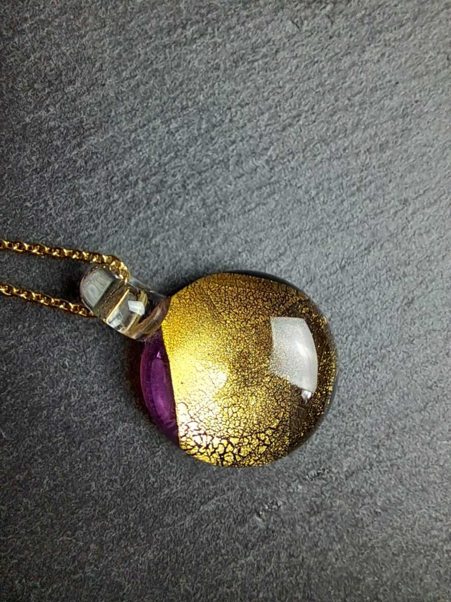 QUENTIN VALENTIN, COLLIER PENDENTIF CRISTAL DE MURANO FEUILLE OR 24 CARATS ROSE ; 3