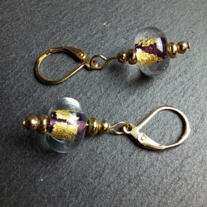 QUENTIN VALENTIN, BOUCLES D’OREILLES CRISTAL DE MURANO FEUILLE OR 24 CARATS ROSE ; 2