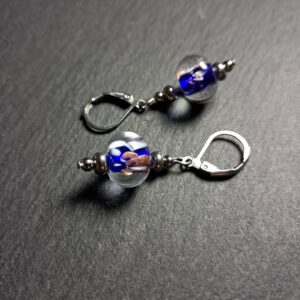 Aventurine, Boucles Oreilles, Bleu Cobalt. - QUENTIN VALENTIN, BOUCLES OREILLES CRISTAL DE MURANO AVENTURINE BLEU COBALT ; 1