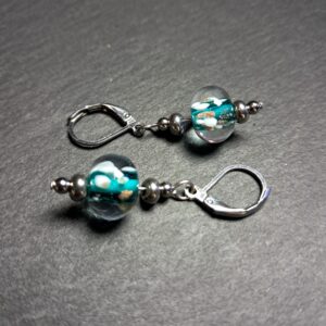 Aventurine, Boucles Oreilles, Bleu-Vert. - QUENTIN VALENTIN, BOUCLES OREILLES CRISTAL DE MURANO AVENTURINE BLEU VERT ; 2