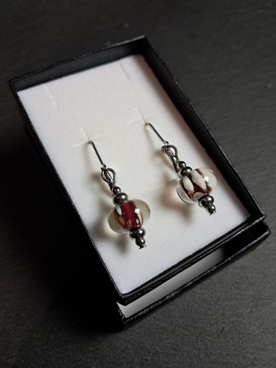 Aventurine, Boucles Oreilles, Rouge. - QUENTIN VALENTIN, BOUCLES OREILLES CRISTAL DE MURANO AVENTURINE ROUGE ; 4