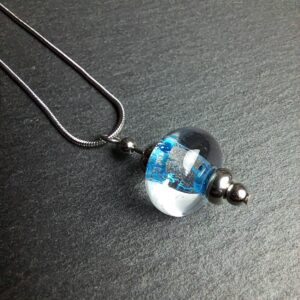 QUENTIN VALENTIN, COLLIER PENDENTIF PERLE CRISTAL DE MURANO FEUILLE ARGENT 999 1000 BLEU CIEL ; 4