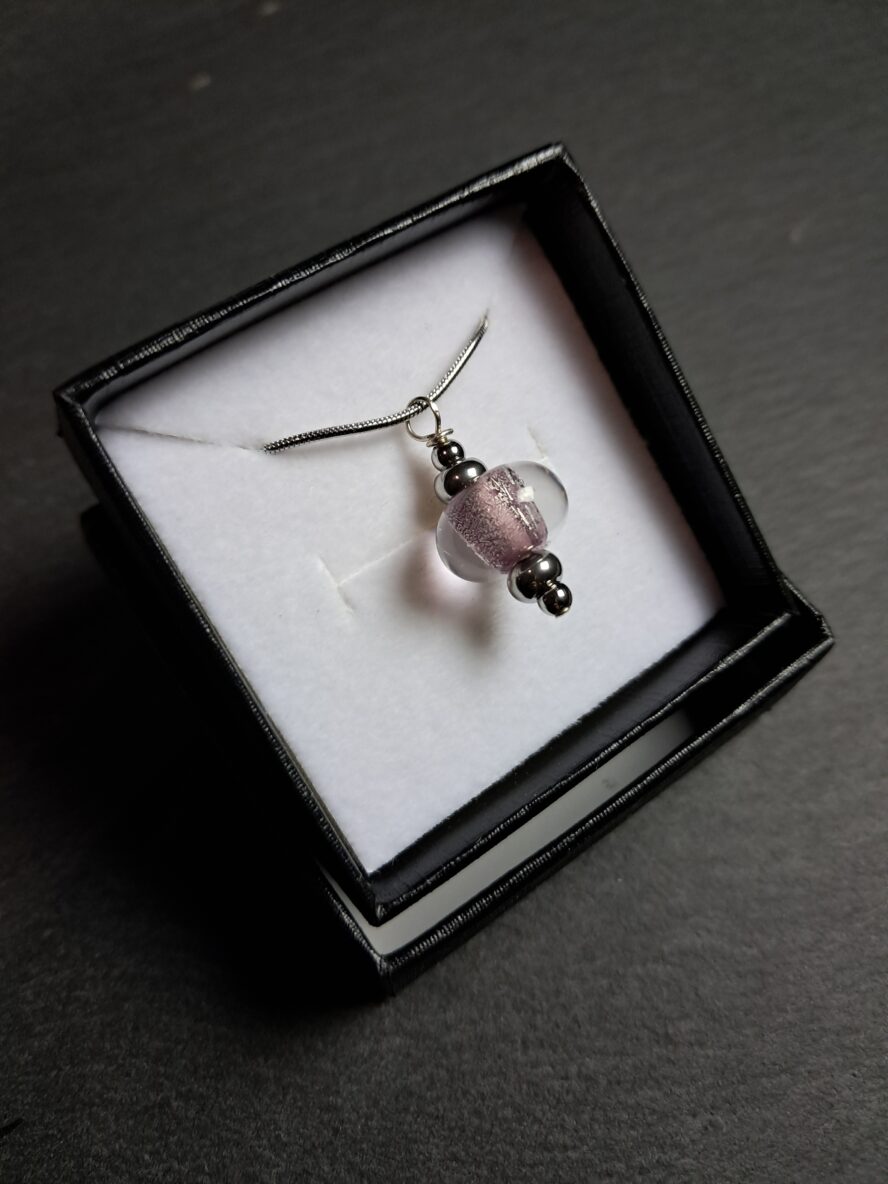 Eclats d’Argent, Collier Perle, Rose. - QUENTIN VALENTIN, COLLIER PENDENTIF PERLE CRISTAL DE MURANO FEUILLE ARGENT 999 1000 ROSE ; 4