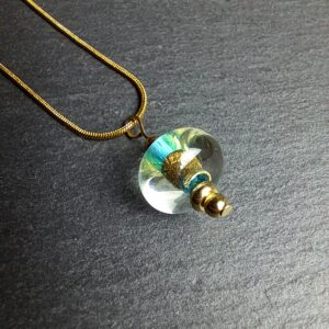 QUENTIN VALENTIN, COLLIER PENDENTIF PERLE CRISTAL DE MURANO FEUILLE OR 24 CARATS BLEU VERT ; 3