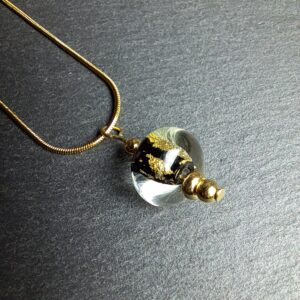 QUENTIN VALENTIN, COLLIER PENDENTIF PERLE CRISTAL DE MURANO FEUILLE OR 24 CARATS NOIR ; 3
