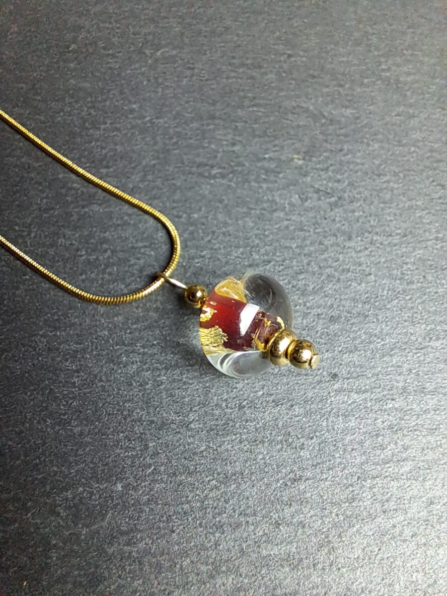 QUENTIN VALENTIN, COLLIER PENDENTIF PERLE CRISTAL DE MURANO FEUILLE OR 24 CARATS ROUGE ; 3