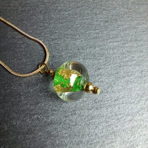 QUENTIN VALENTIN, COLLIER PENDENTIF PERLE CRISTAL DE MURANO FEUILLE OR 24 CARATS VERT EMERAUDE ; 3
